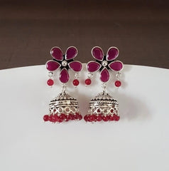 Ruby pink cut stone flower stud pattern jhumkas in pure silver