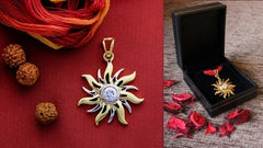 Surya motif with a cz stone pendant and 22 kt gold plating set in pure silver