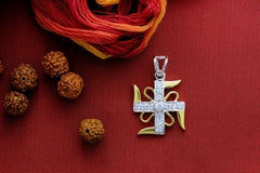 Swastik motif cz stone pendant with 22 kt. gold plating in pure silver