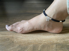 Plain beads adjustable butterfly charm anklet made in pure silver with a waxed cotton black thread