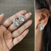 Multiple cz stone peacock feather motif earstuds in pure silver