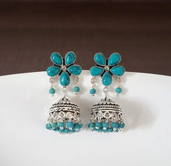 Turquoise stone flower stud pattern jhumkas in pure silver