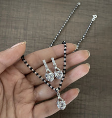 8mm cz stone pendant + 18'' long mangalsutra chain with matching four cz studs in pure silver