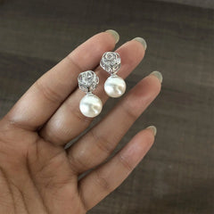 Rose cut swarovski cz stone studs with pearl drops in pure silver