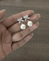 Baguette cut cz stone pearl drop studs in pure silver