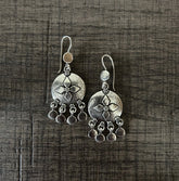 Round hangings with flower applique and gypsy drops in pure silver