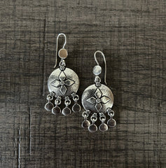 Round hangings with flower applique and gypsy drops in pure silver