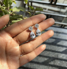 Pure silver cz stone 1.8 cm long compact flower with tear drop studs