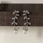 Pure silver cz stone leaf pattern long earrings with pearl drops