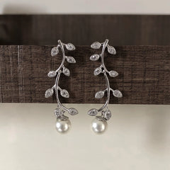 Pure silver cz stone leaf pattern long earrings with pearl drops