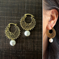 Filigree cut work balis with single round pearl drops in pure silver with 22kt gold plating