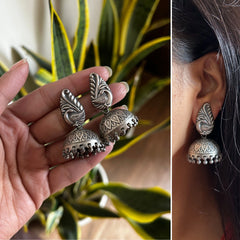 Antique finish paisley peacock studs with jhumkas in pure silver