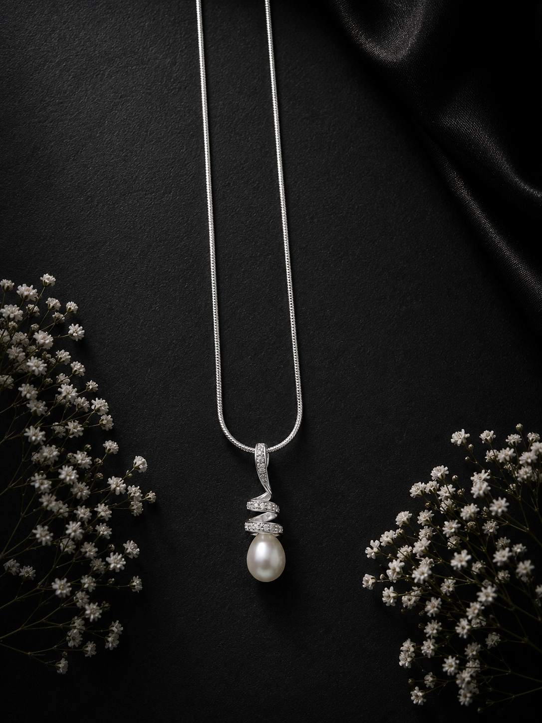 Studded spiral pearl pendant with a 20inch shiny chain in pure silver