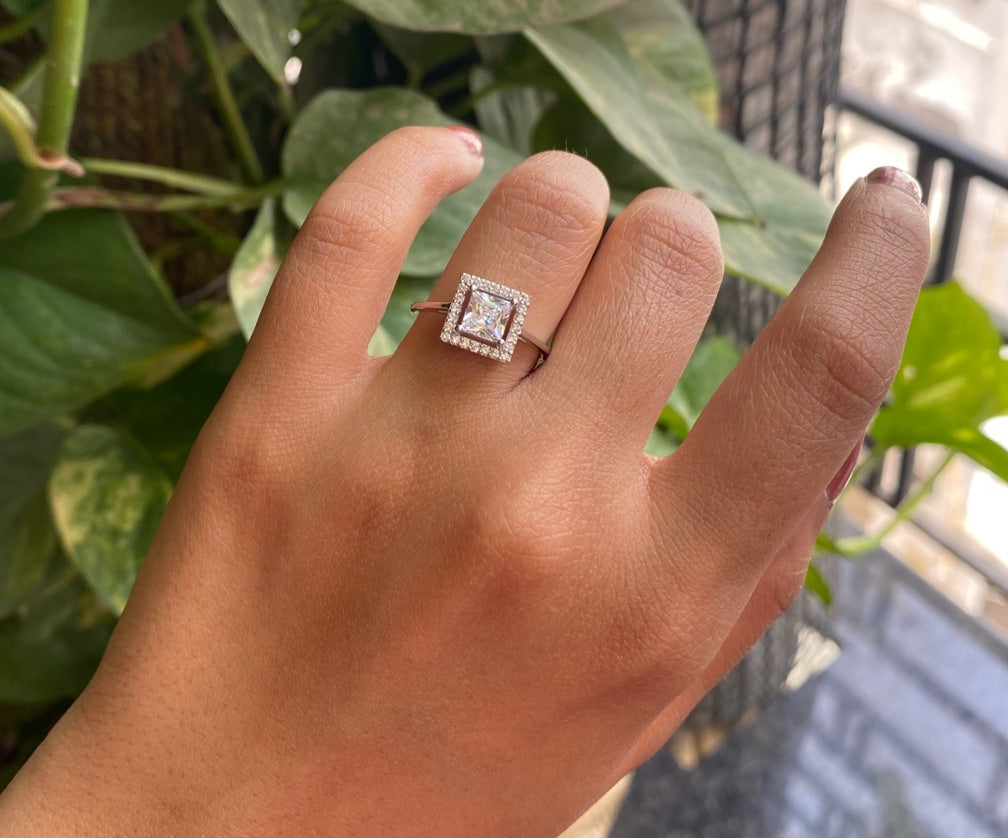 9mm multi cz halo square pattern ring in pure silver