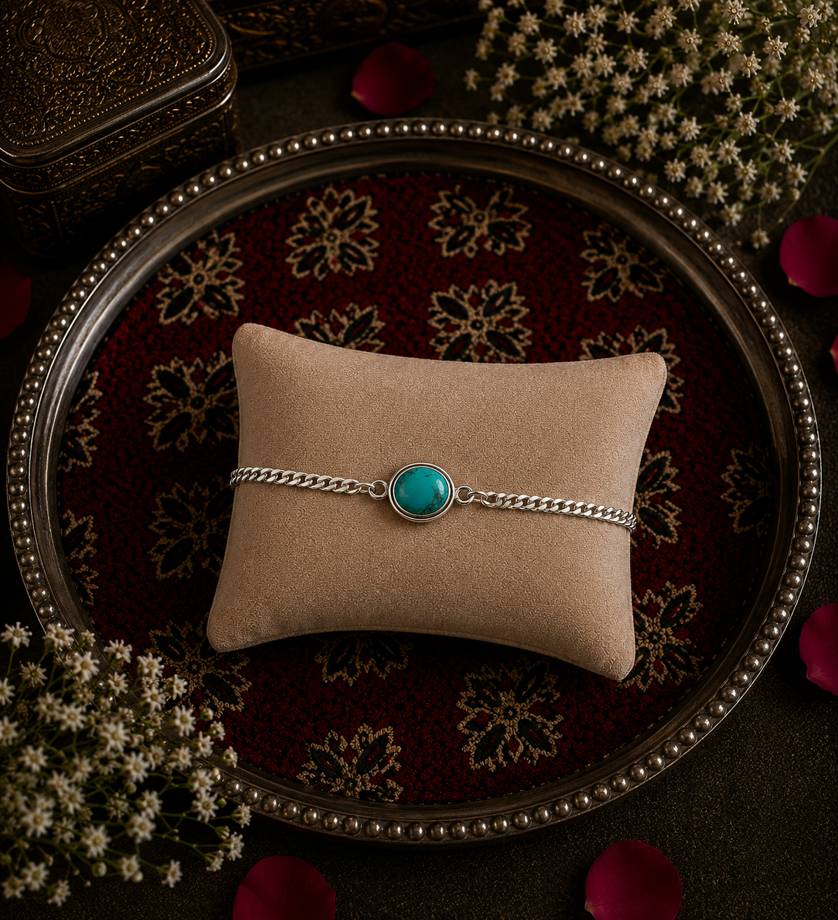 Oval turquoise thin chain style bracelet in pure silver