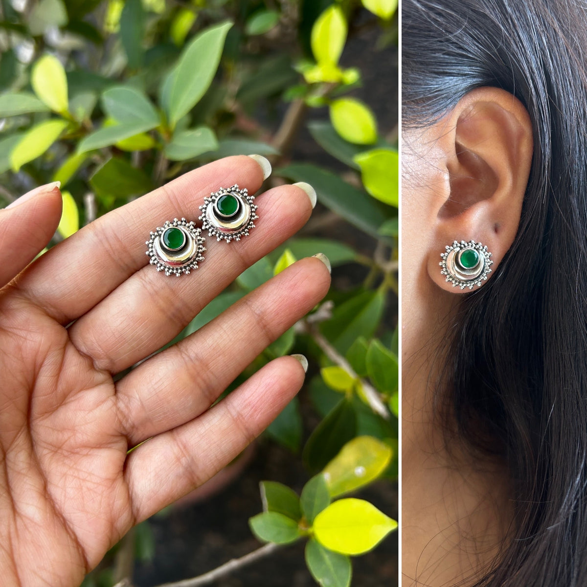 Chandbali studs with an emerald center in pure silver