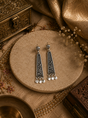 Long oxidized finish carving work stud style danglers in pure silver