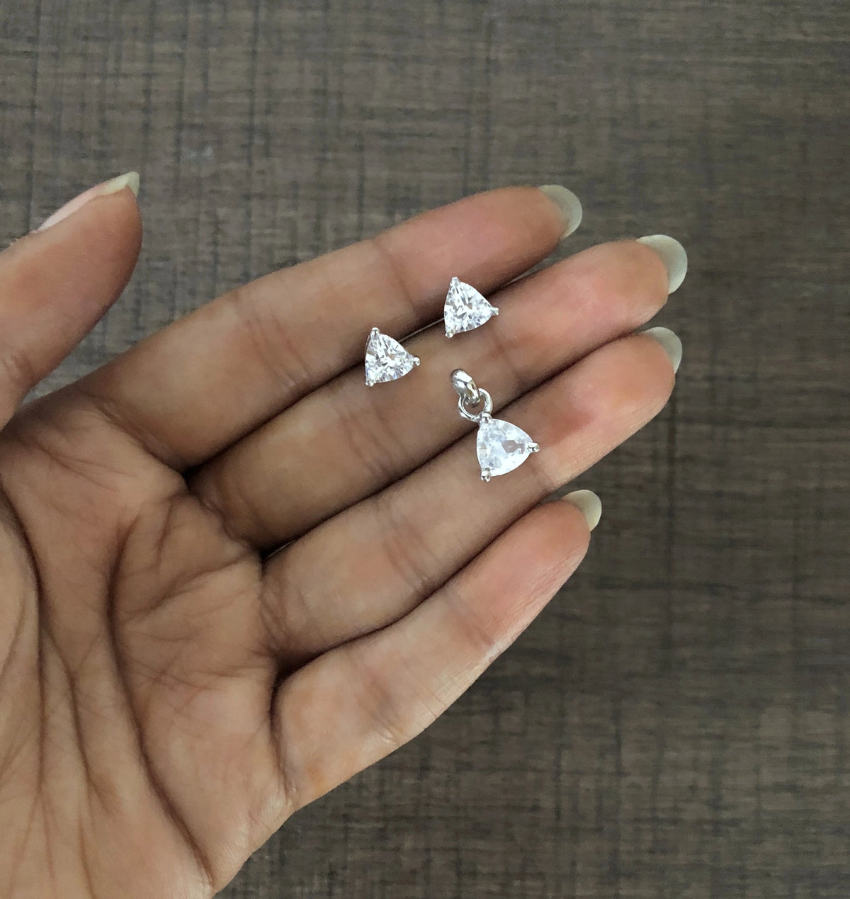 Triangle cz earrings and pendant set in pure silver