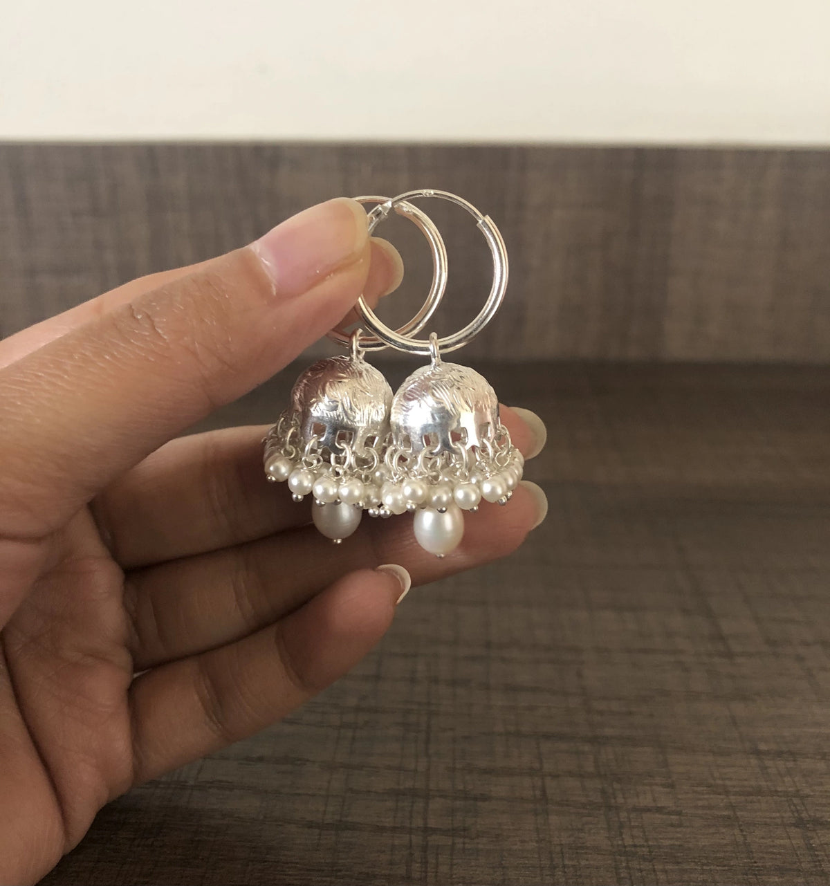 Multiple pearl cluster jhumka with a 2 cm thick plain bali in pure silver