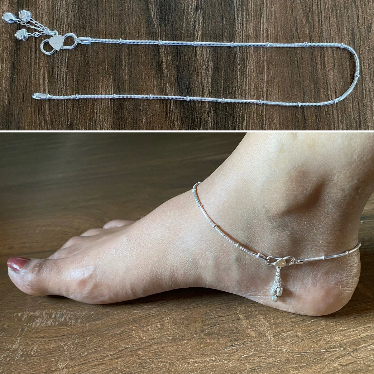 Dotted pattern anklet with a gap and charms in pure silver