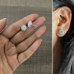 Pure silver 1 cm diameter compact cz stone flower pattern studs