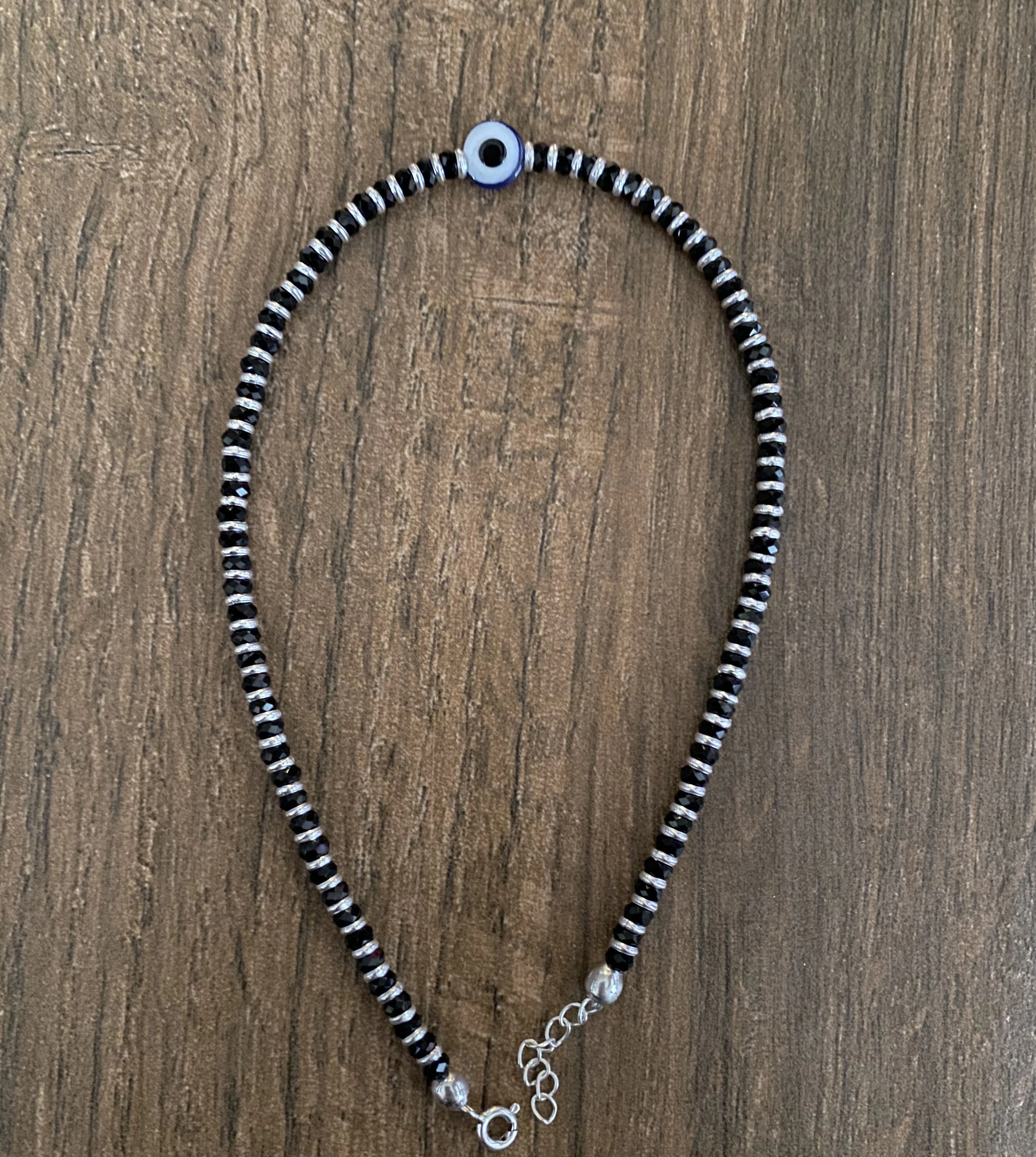 Black Beads and Evil Eye Bead Nazariya Adjustable Anklet in pure silver (Single Piece)