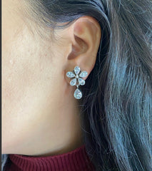 Flower with tear drop cz stone bezel setting studs in pure silver