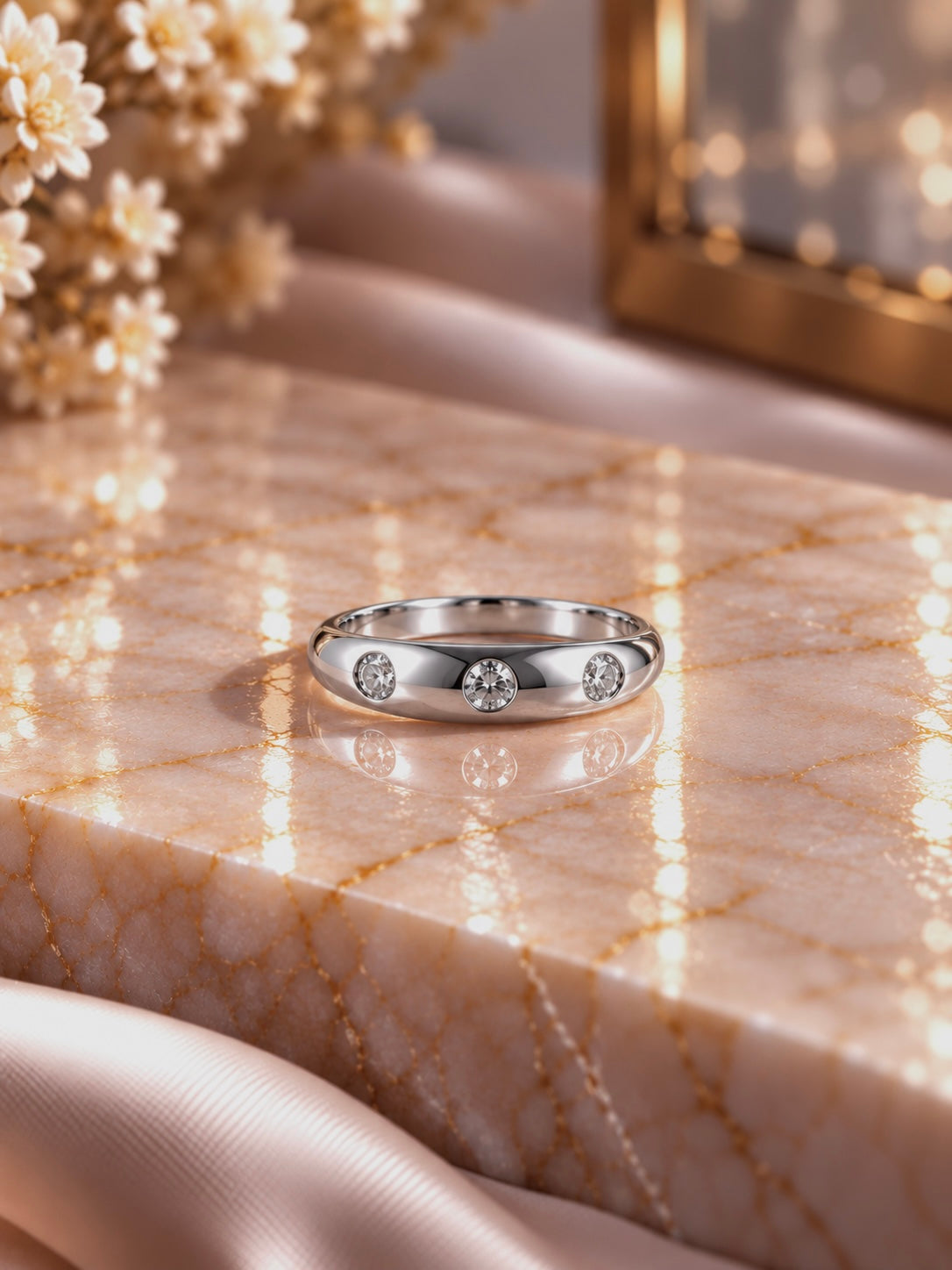 Thick band ring with three cz stones in pure silver