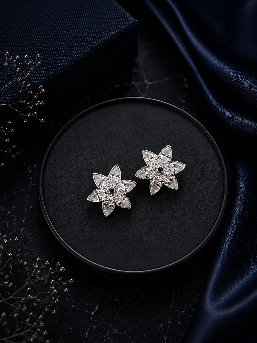 Multi cz stone six petal flower studs in pure silver