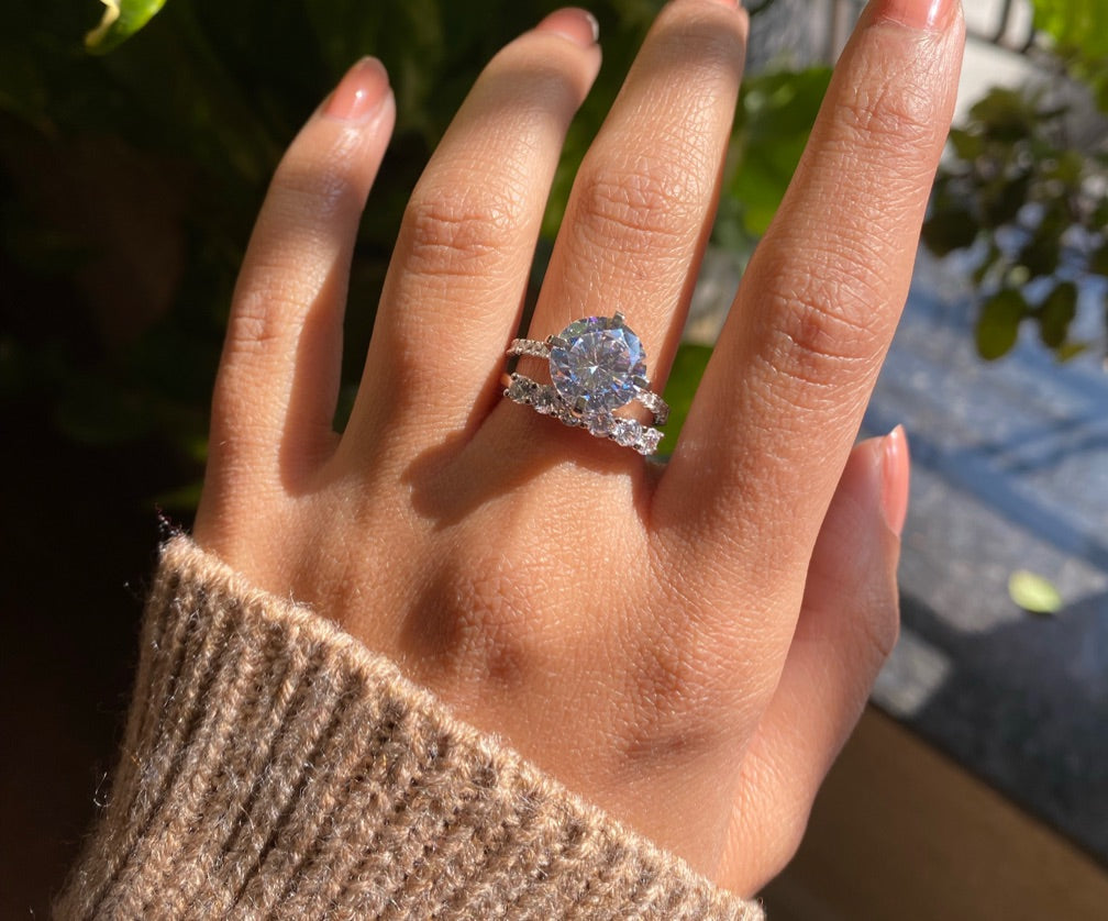 1cm cz stone studded band ring paired with a 4mm six cz ring in pure silver