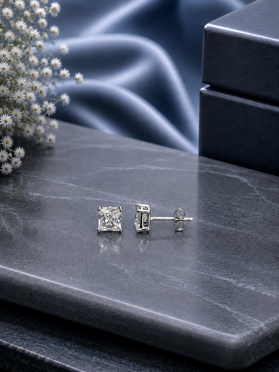 6mm single square cz grain setting studs in pure silver