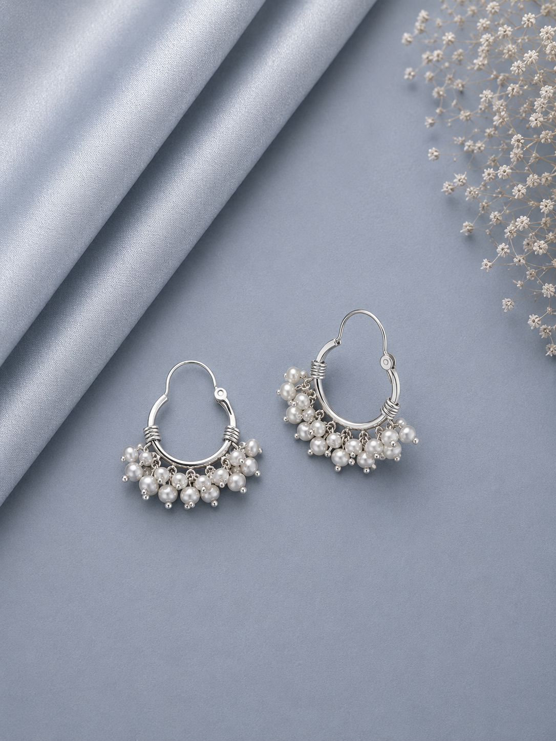 2cm balis with pearl clusters in pure silver