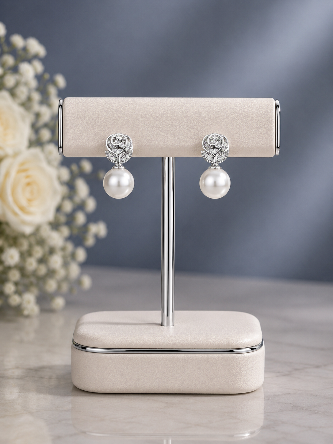 Rose cut swarovski cz stone studs with pearl drops in pure silver