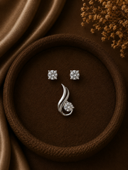 6mm cz stone double paisley pendant with matching 6mm single cz stone grain setting studs in pure silver
