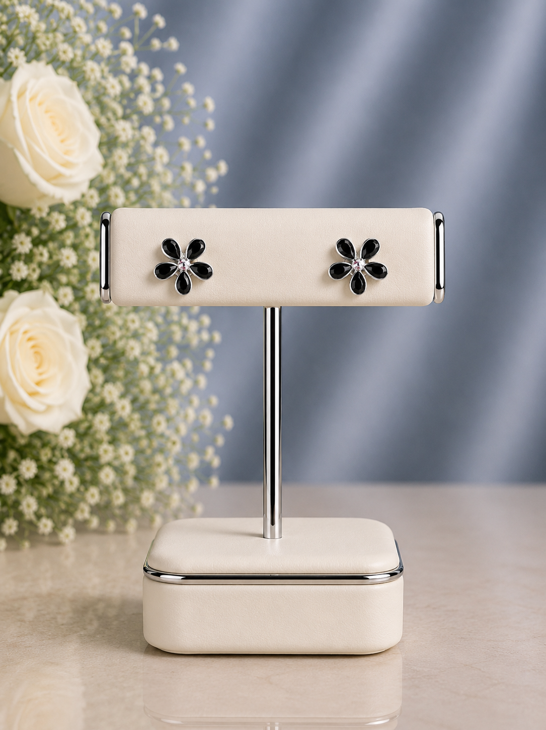 Black cz cut stone flower studs in pure silver