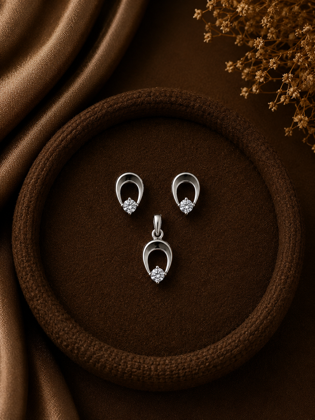 Single cz stone peacock feather pattern earrings and pendant set in pure silver