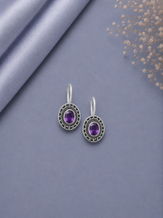 Oval rava work purple cz loops in pure silver