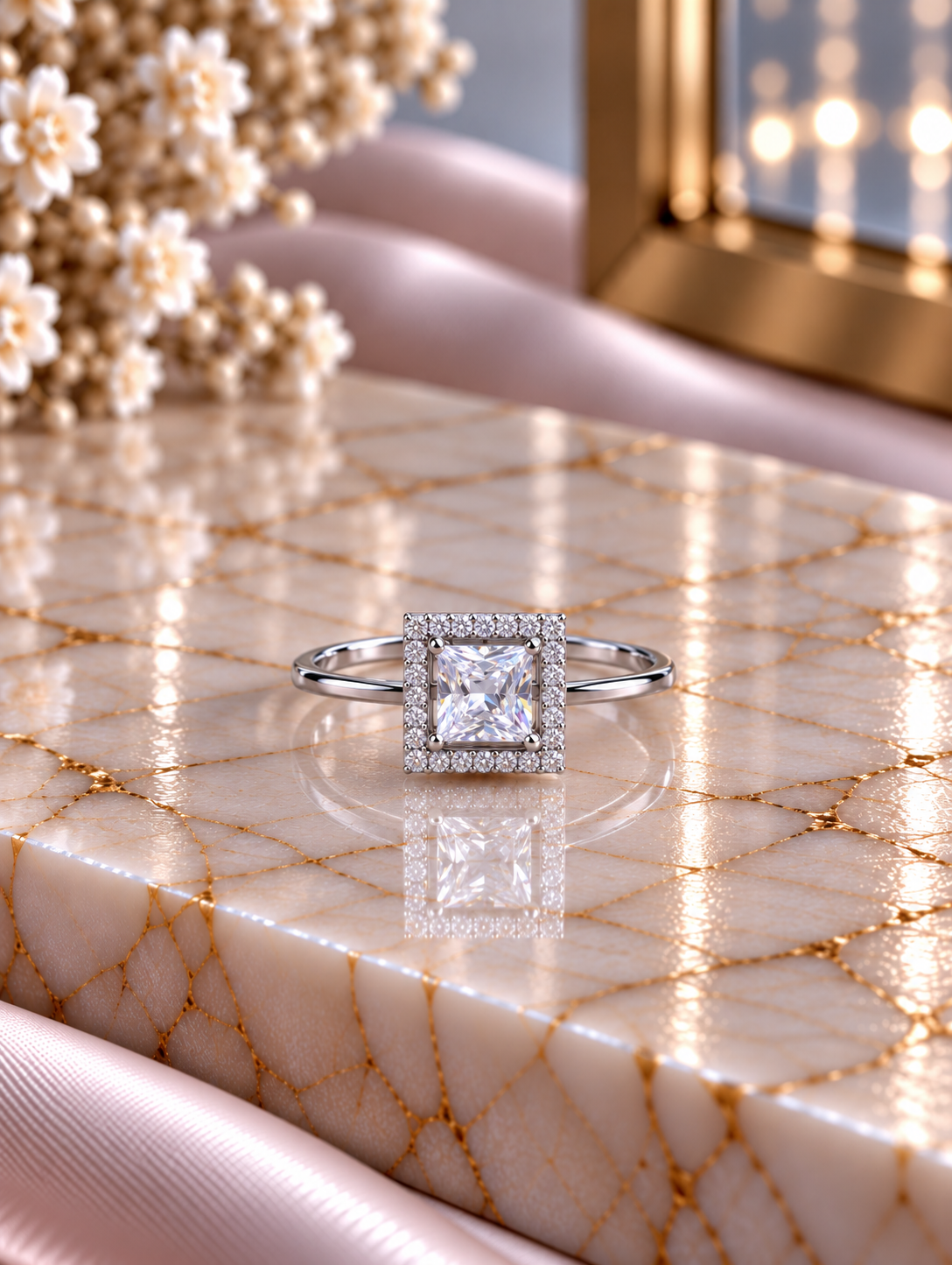 9mm multi cz halo square pattern ring in pure silver