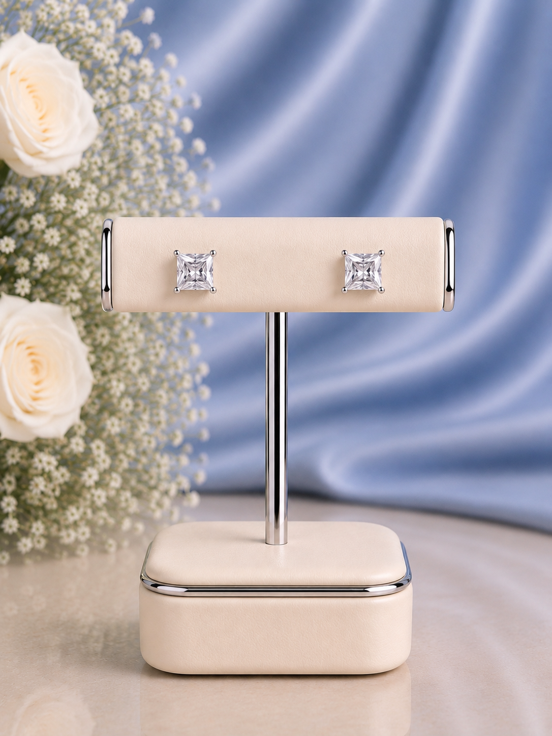 7mm square cz stone studs in pure silver