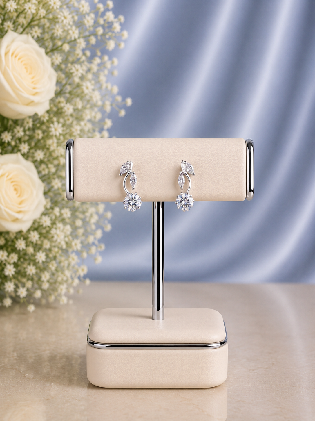 Flower with leaf cz stone studs in pure silver