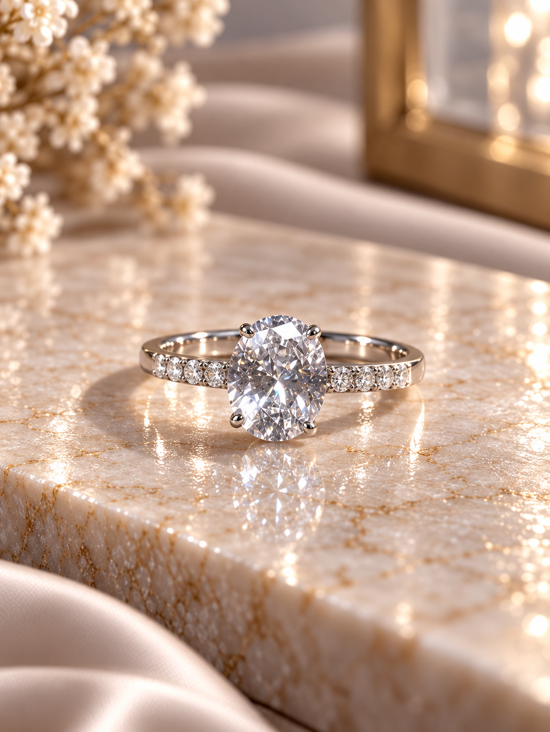 Oval cz ring with a half studded band in pure silver
