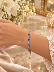 Flower evil eye with cz stones adjustable bracelet in pure silver