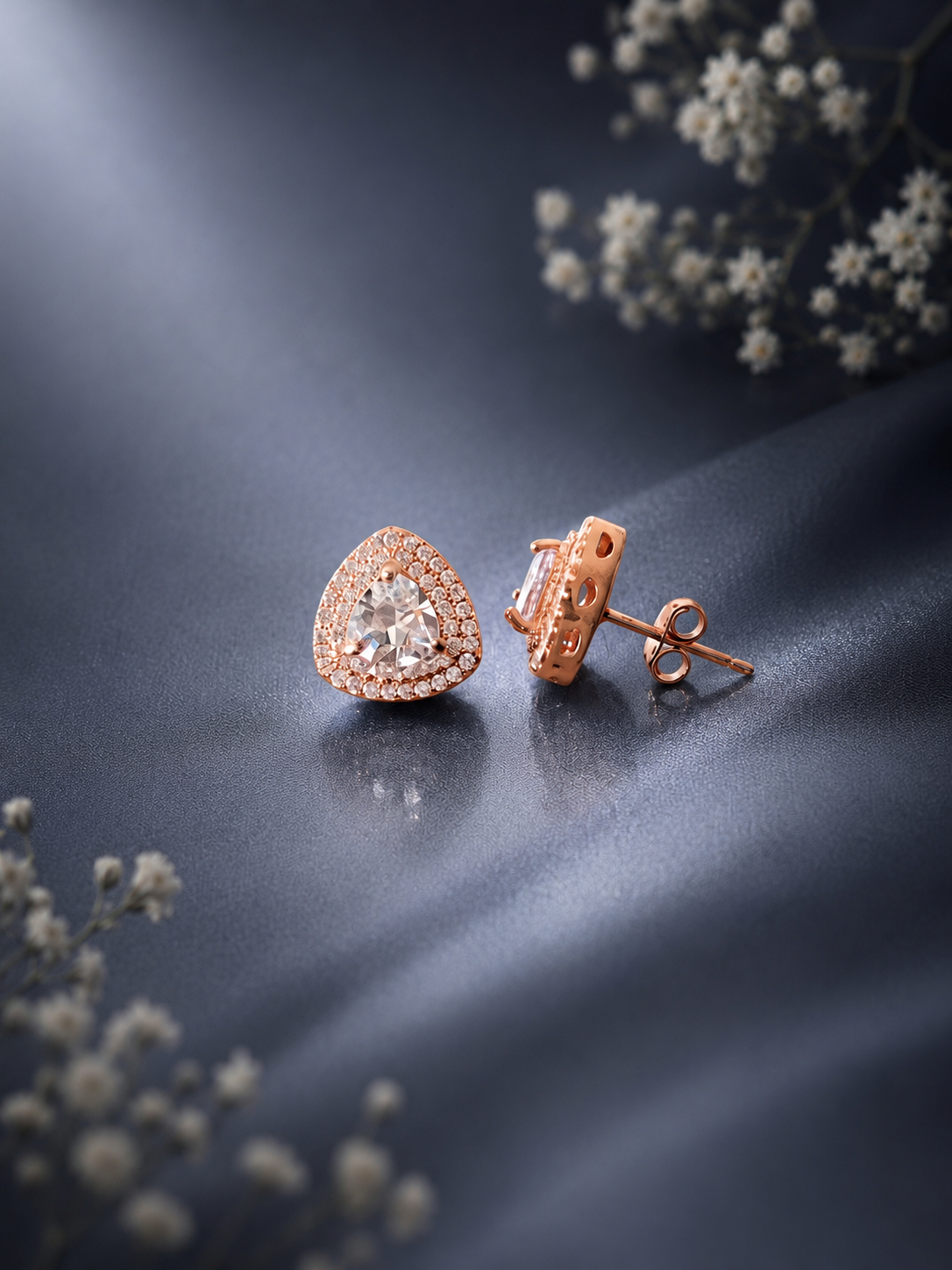 Rose gold plated trillion shape halo cz studded earrings in pure silver