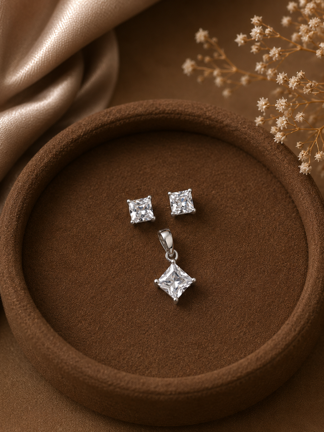 6mm square cz studs with a matching pendant in pure silver