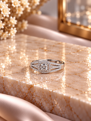 Multi cz stone three line ring with a single round cz center and cushion border in pure silver