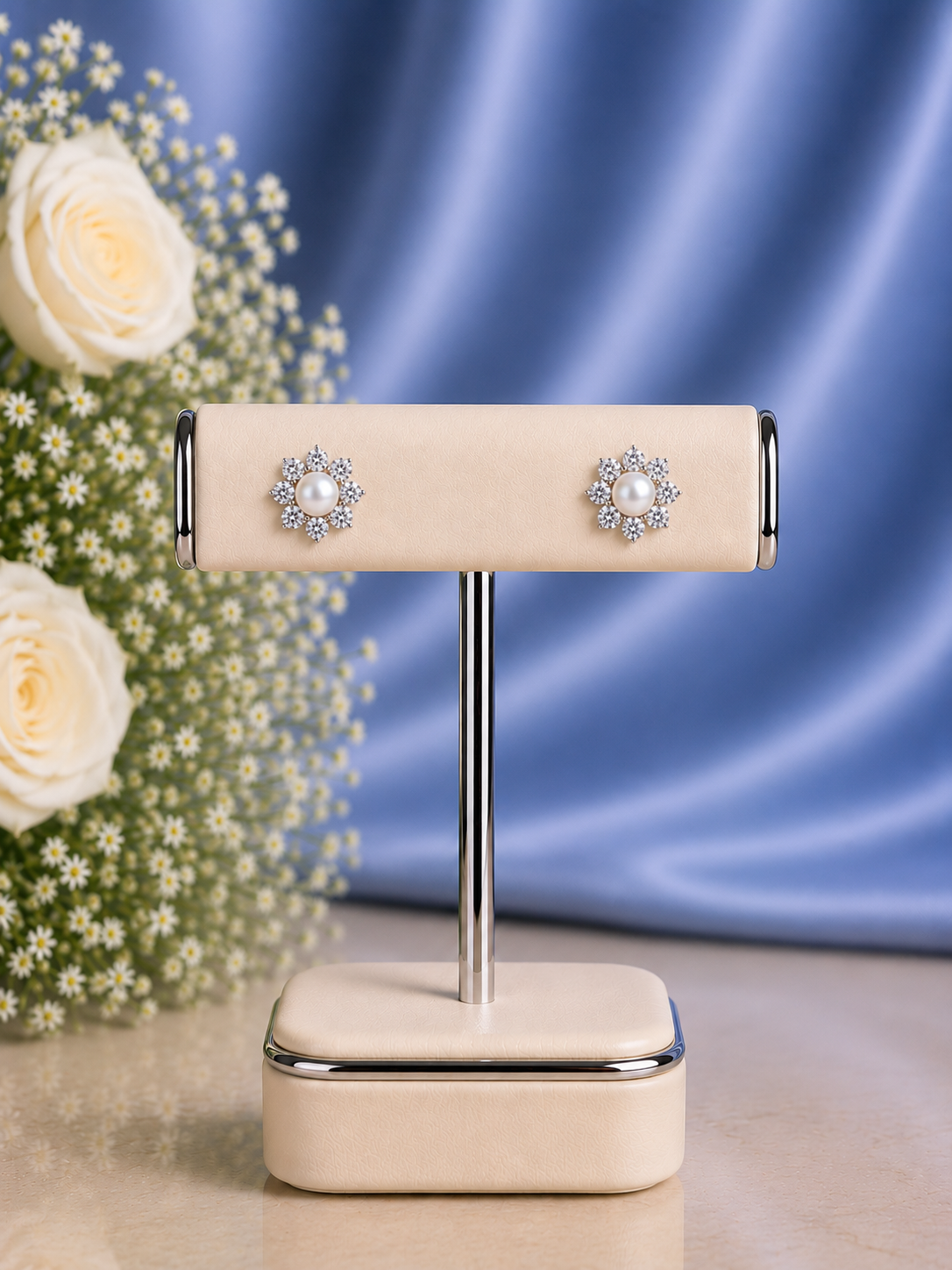 9mm multiple cz flower pattern studs with a pearl center in pure silver