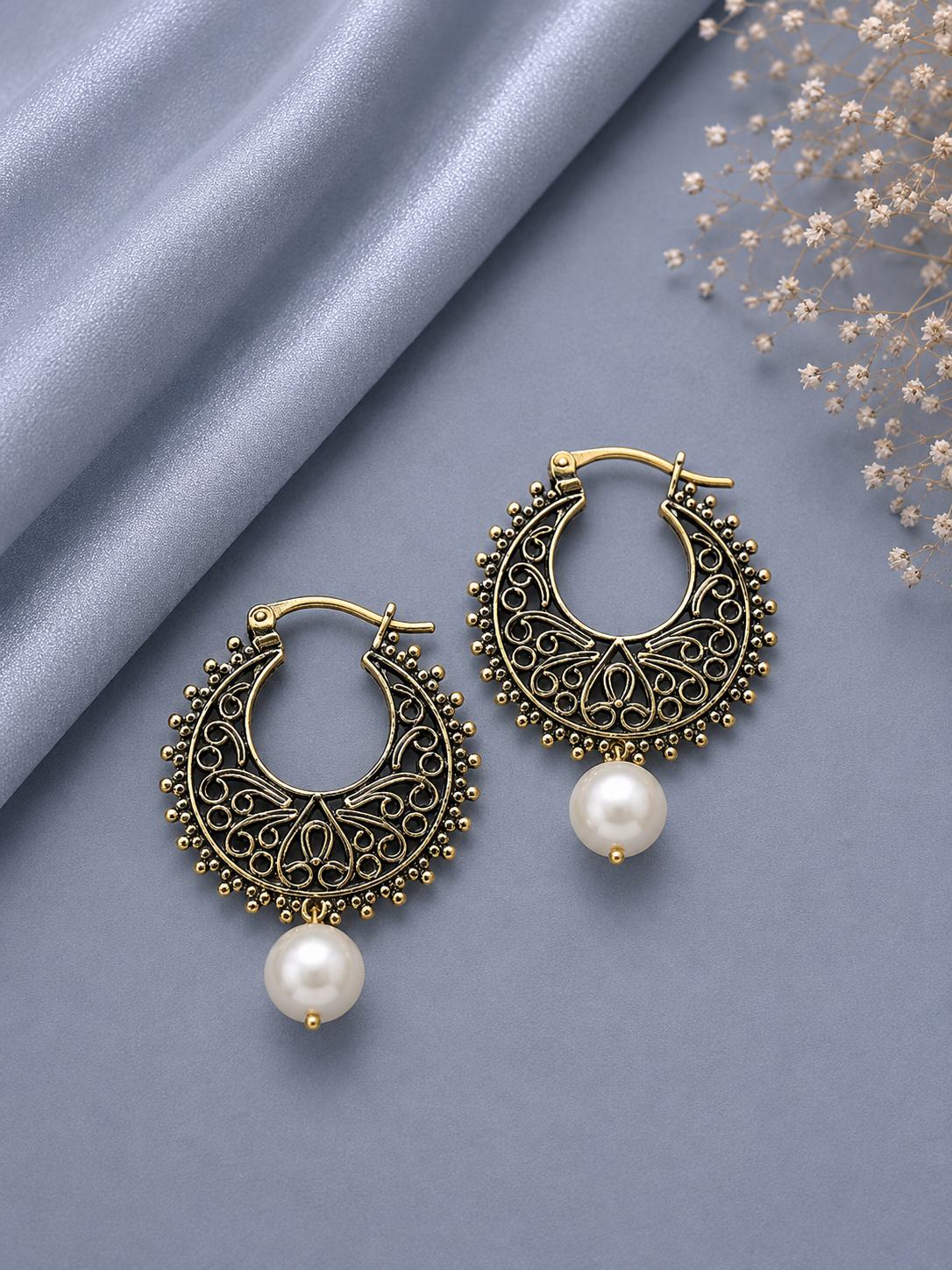 Filigree cut work balis with single round pearl drops in pure silver with 22kt gold plating