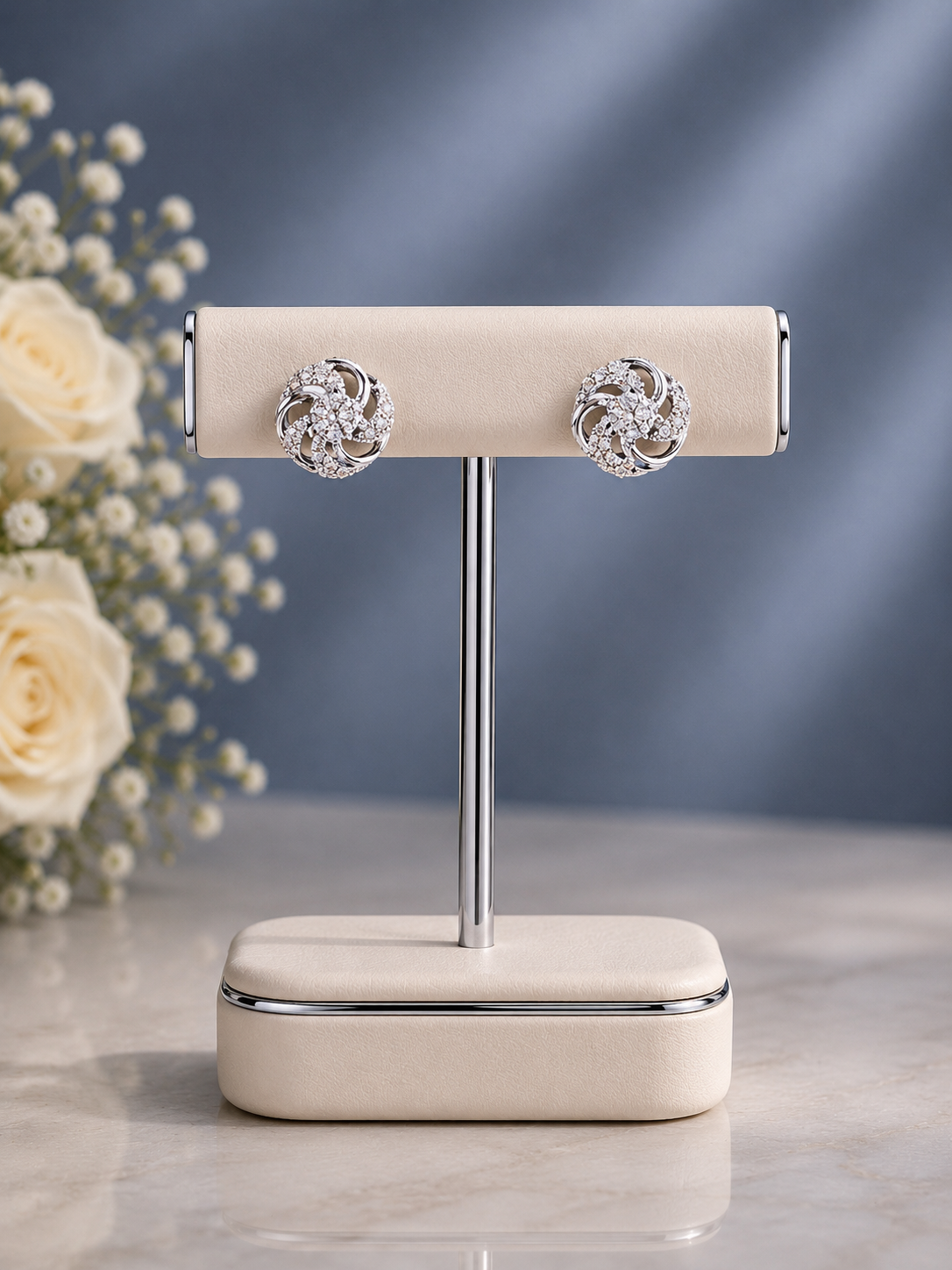 Multi cz stone 1 cm diameter rotated flower pattern studs in pure silver
