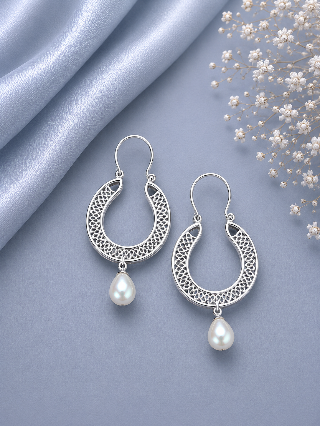 3.7cm diameter cut work balis with pearl drops in pure silver