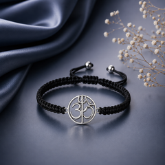 Pure silver adjustable Om-Trishul motif hand braided bracelet
